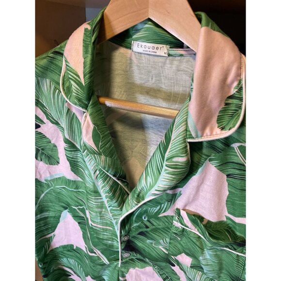 Ekouaer Green Pink Palm Tree Tropical Pullover Half Sleeve Night Gown Shirt Sz M - Picture 4 of 6